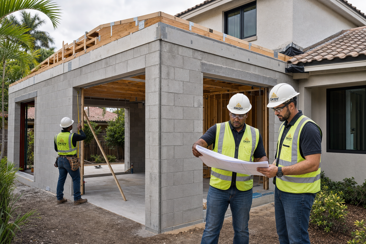DKDY crew coordinating a residential addition tied into an existing home