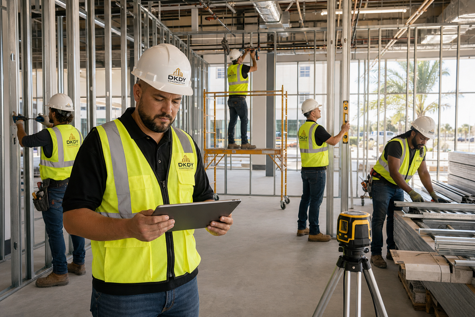 DKDY commercial construction crew coordinating an interior build-out