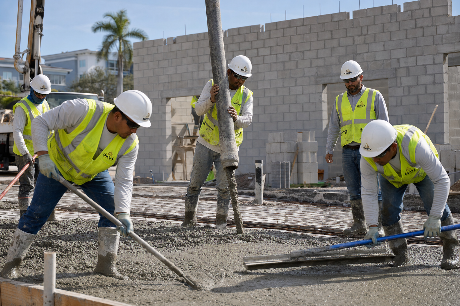 DKDY concrete and masonry crew placing a commercial slab