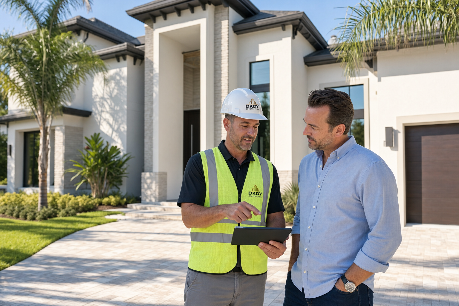 DKDY superintendent reviewing a completed custom home with its owner