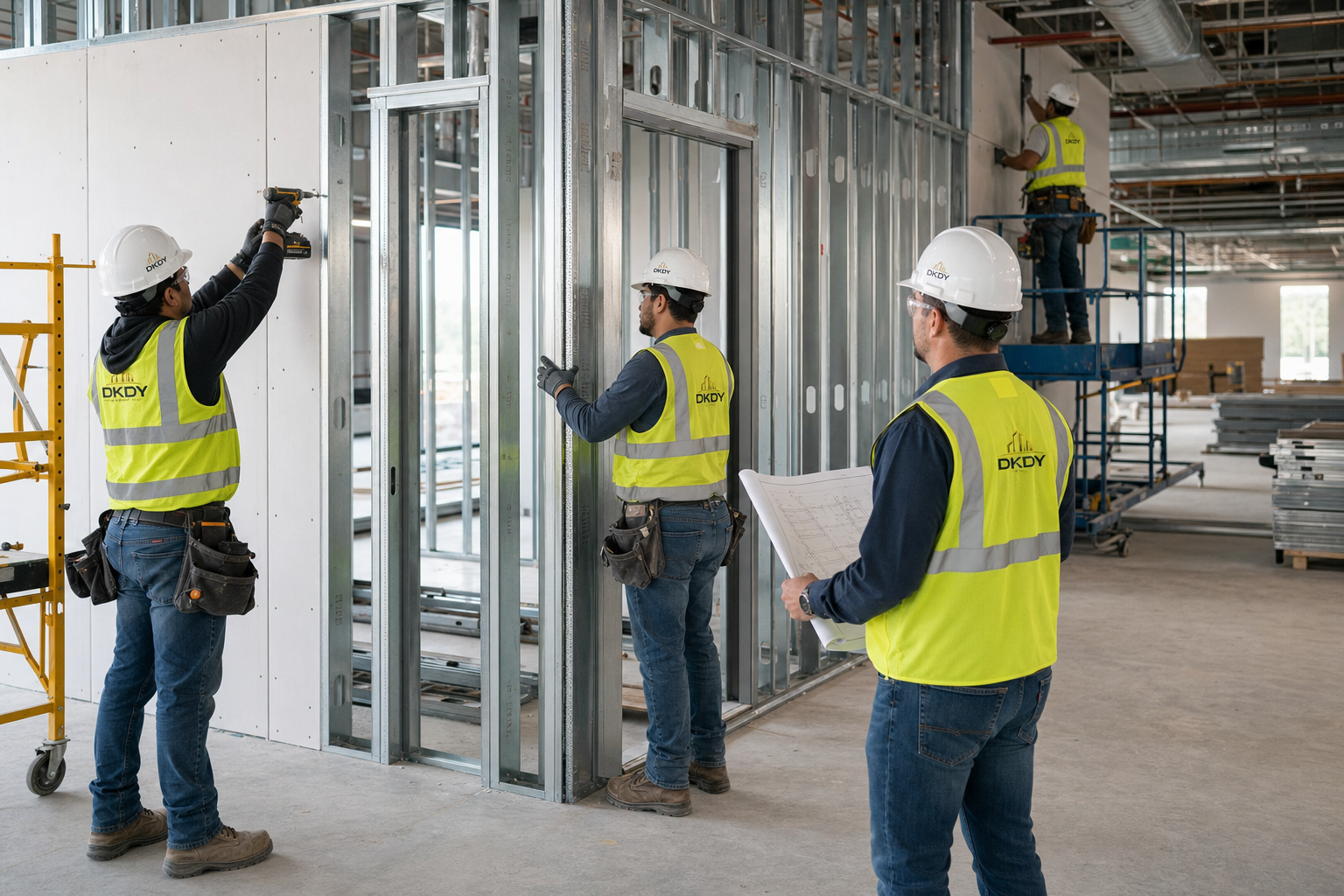 DKDY crew installing commercial metal framing and drywall