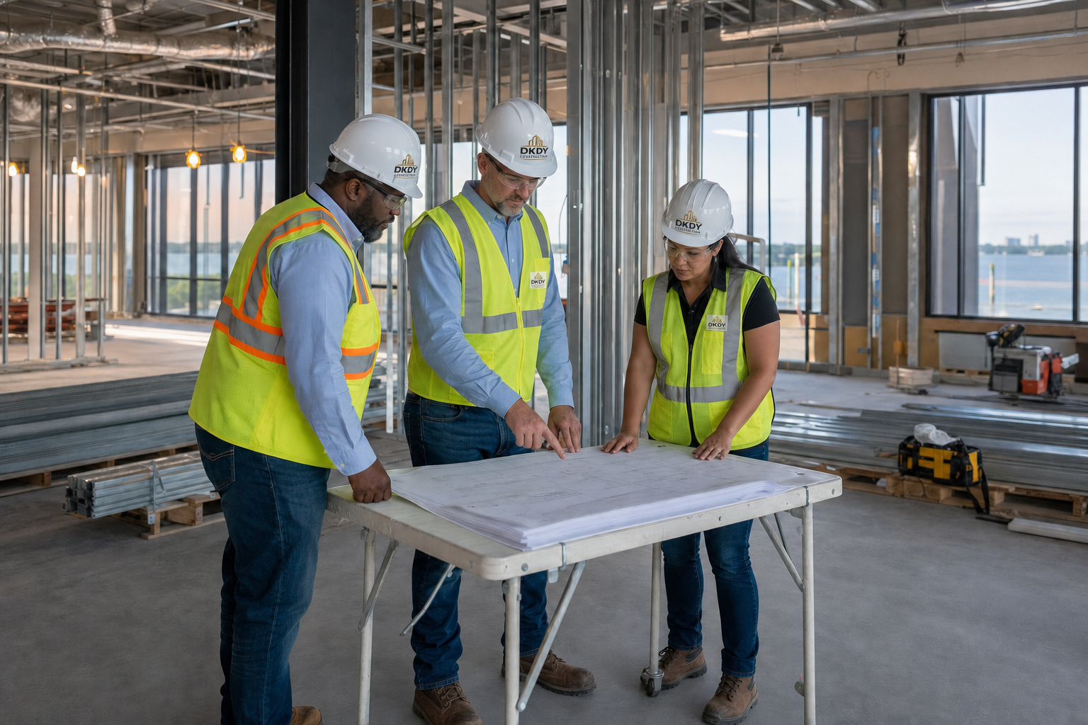 DKDY project management team reviewing construction plans